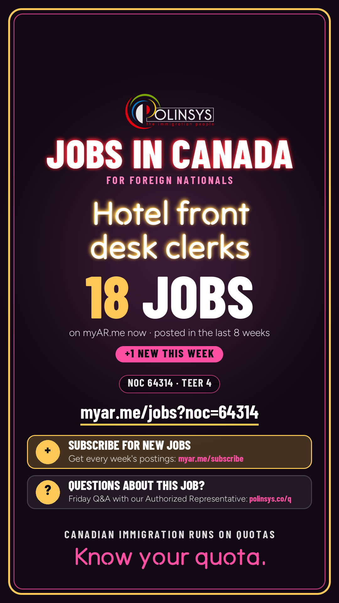 Job card: Hotel front desk clerks (NOC 64314) — 18 jobs on myAR.me