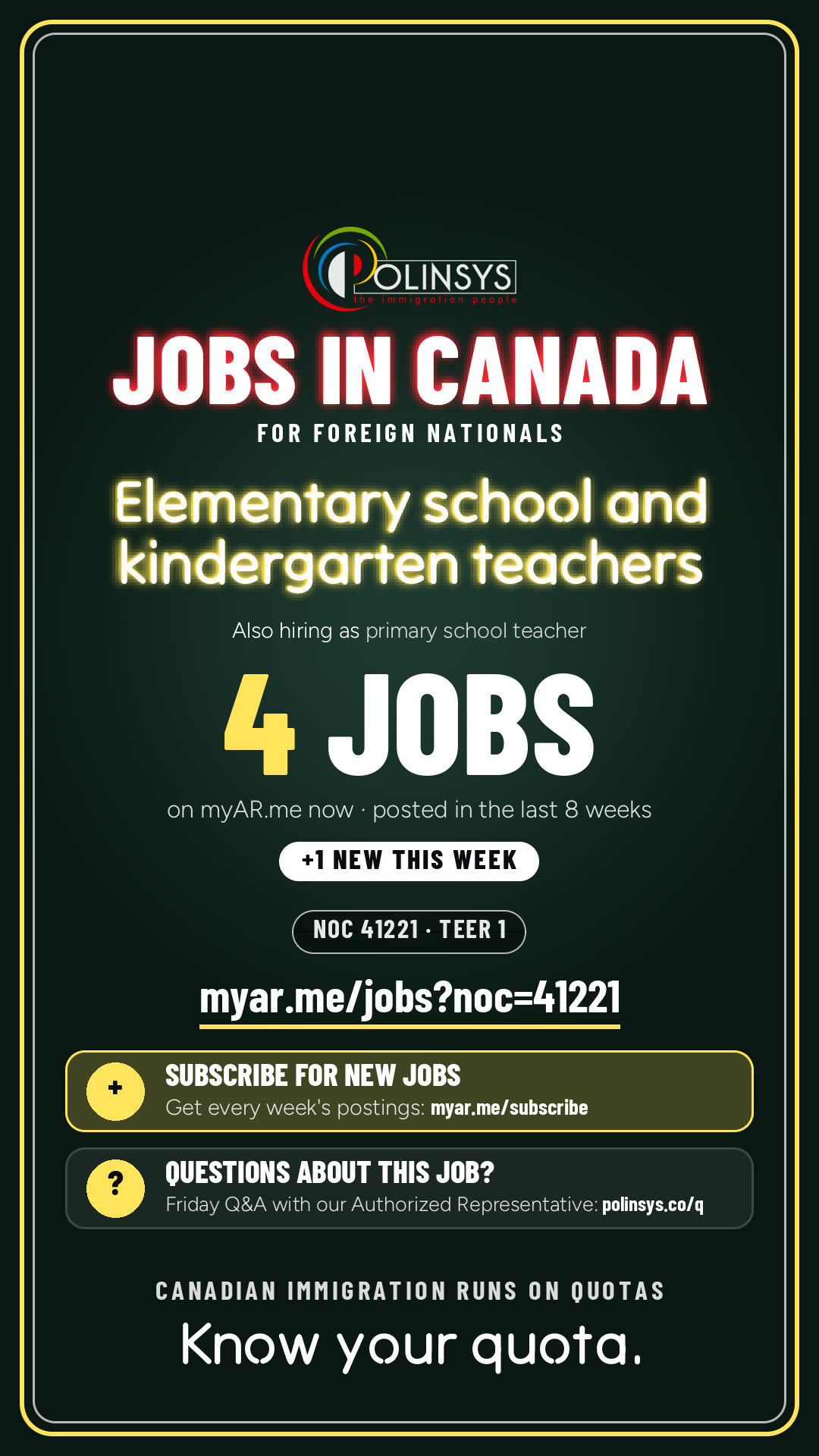 Job card: Elementary school and kindergarten teachers (NOC 41221) — 4 jobs on myAR.me
