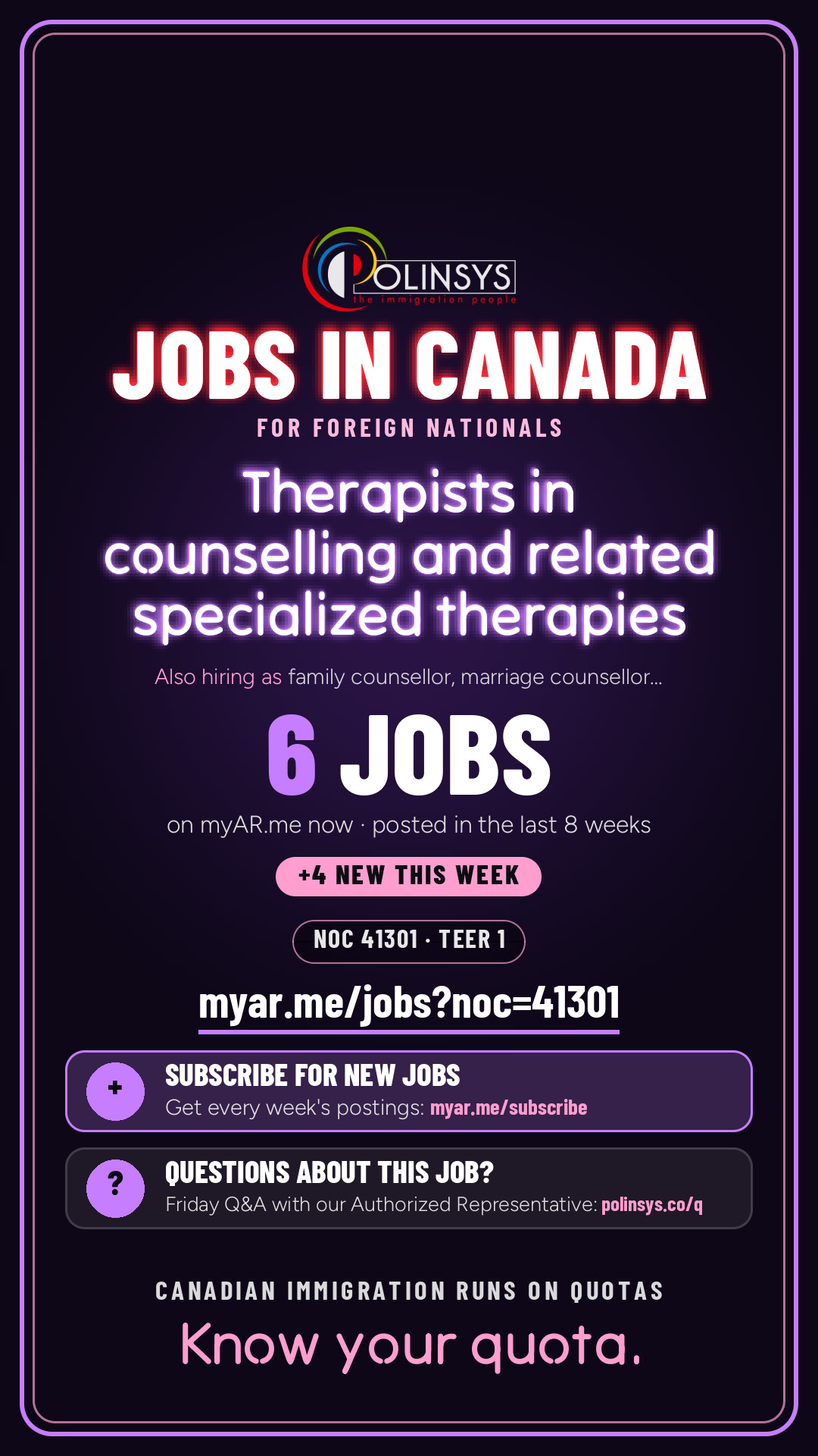 Job card: Therapists in counselling and related specialized therapies (NOC 41301) — 6 jobs on myAR.me