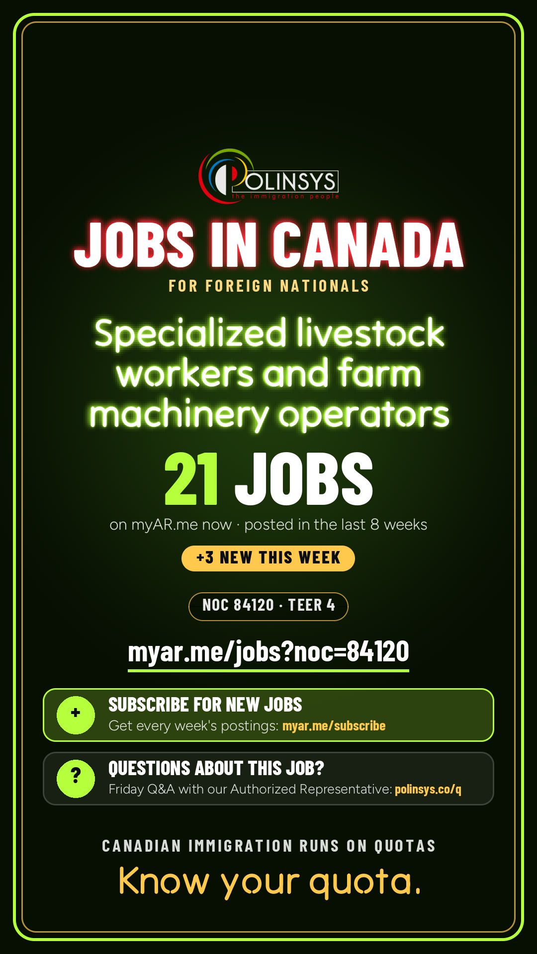 Job card: Specialized livestock workers and farm machinery operators (NOC 84120) — 21 jobs on myAR.me
