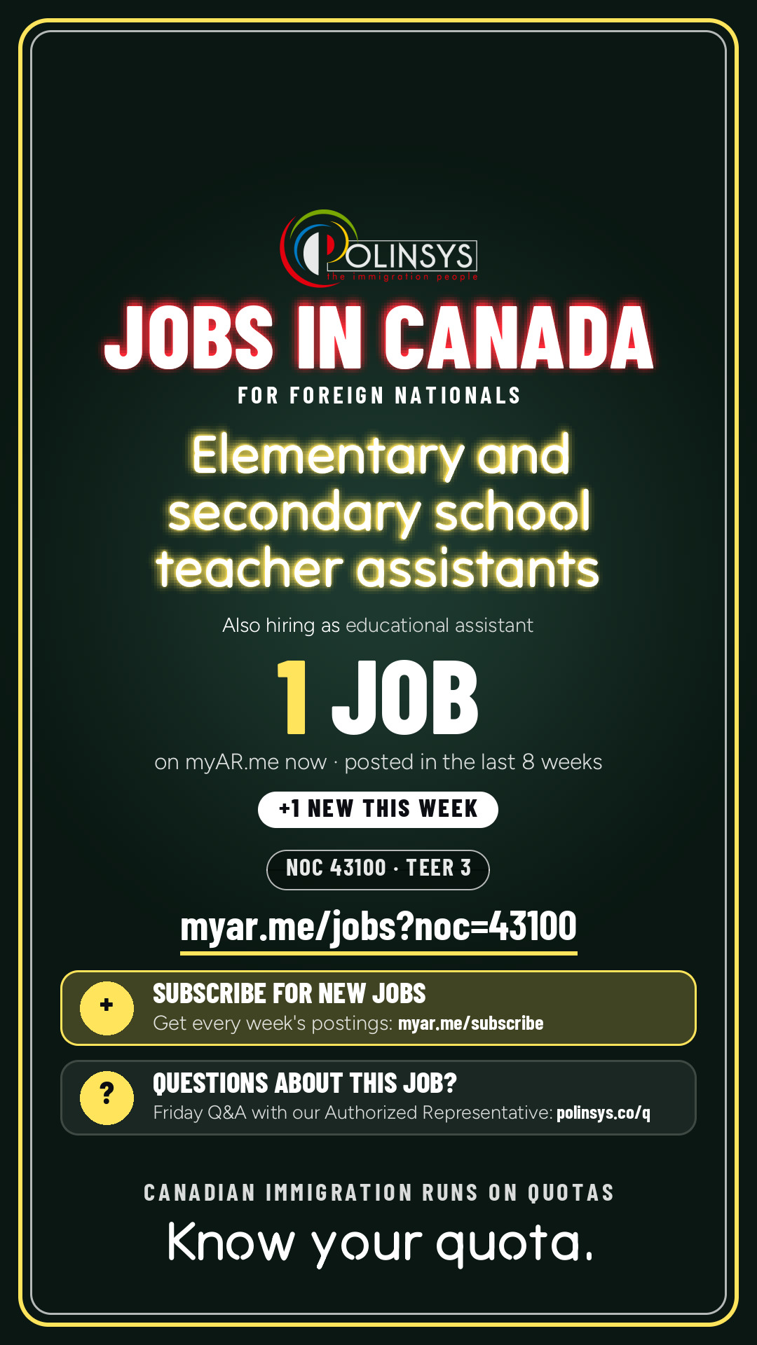 Job card: Elementary and secondary school teacher assistants (NOC 43100) — 1 jobs on myAR.me