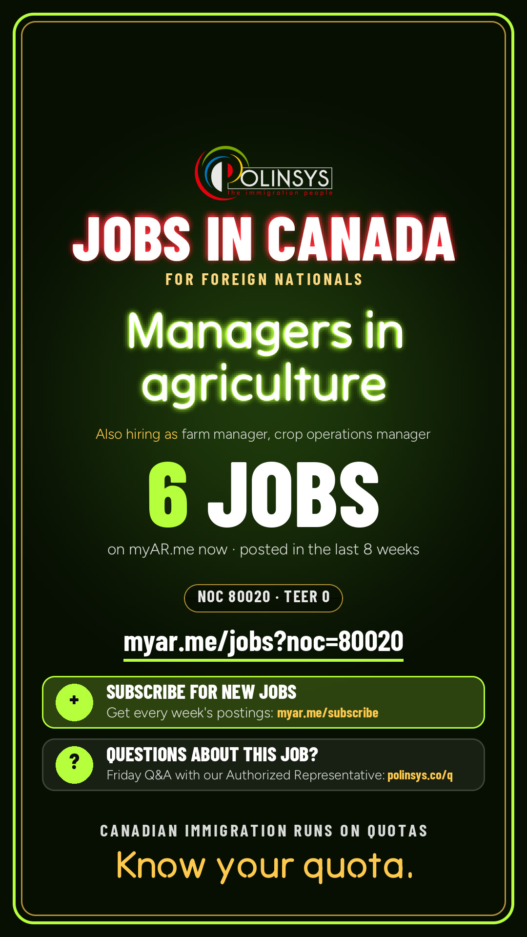 Job card: Managers in agriculture (NOC 80020) — 6 jobs on myAR.me