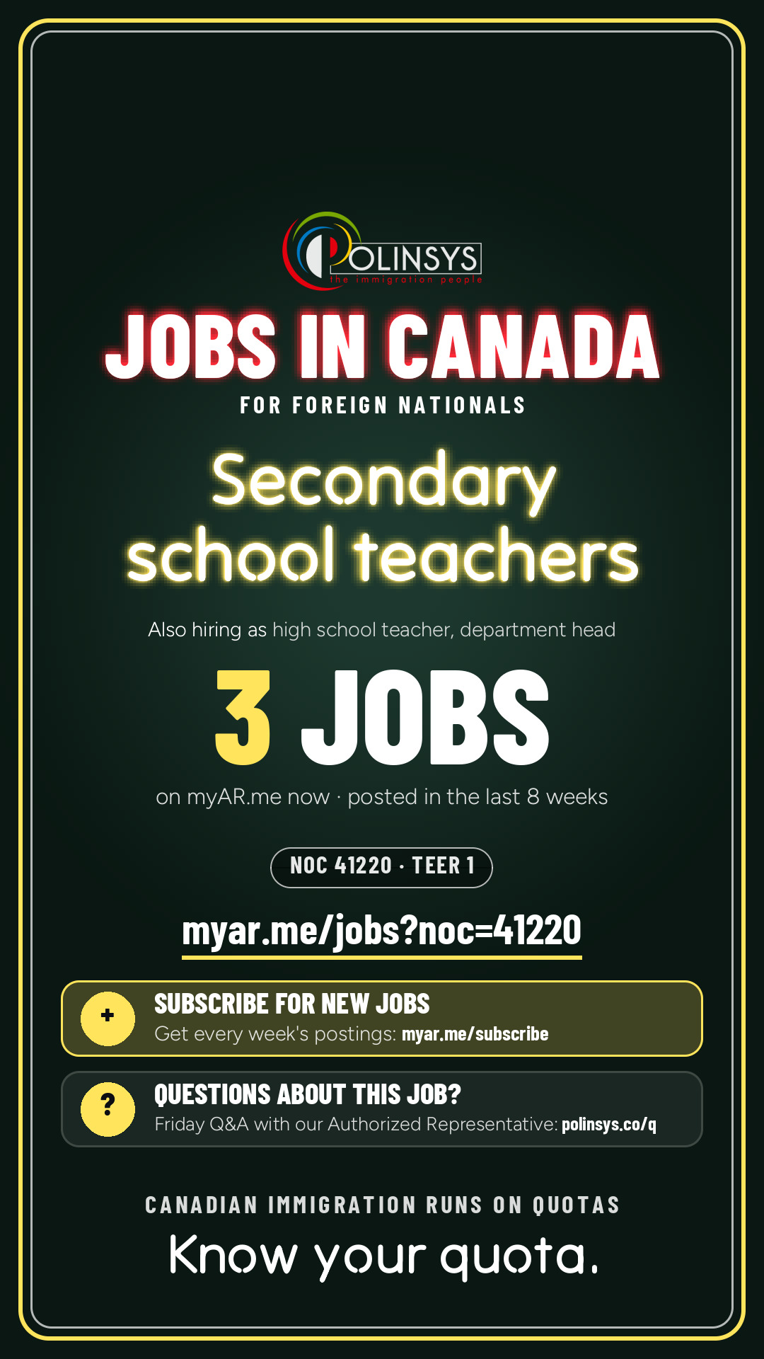 Job card: Secondary school teachers (NOC 41220) — 3 jobs on myAR.me