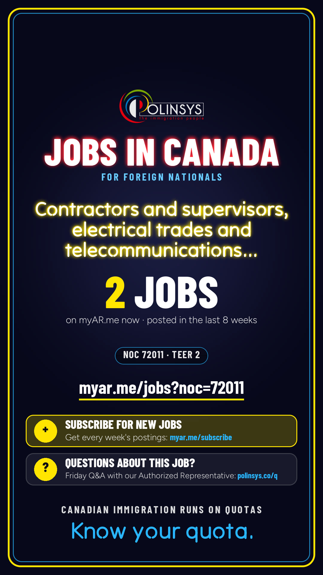 Job card: Contractors and supervisors, electrical trades and telecommunications occupations (NOC 72011) — 2 jobs on myAR.me