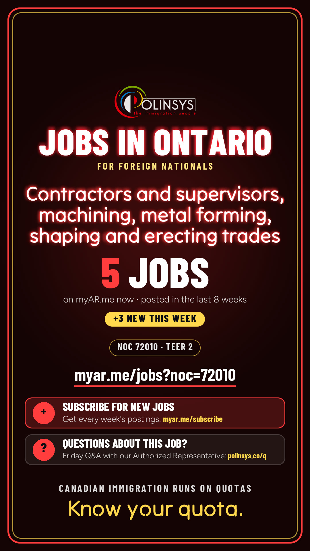 Job card: Contractors and supervisors, machining, metal forming, shaping and erecting trades (NOC 72010) — 5 jobs on myAR.me