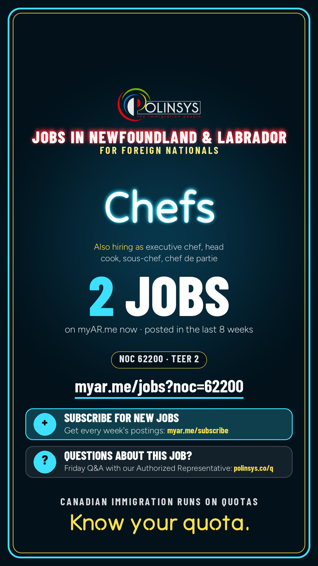 Job card: Chefs (NOC 62200) — 2 jobs on myAR.me