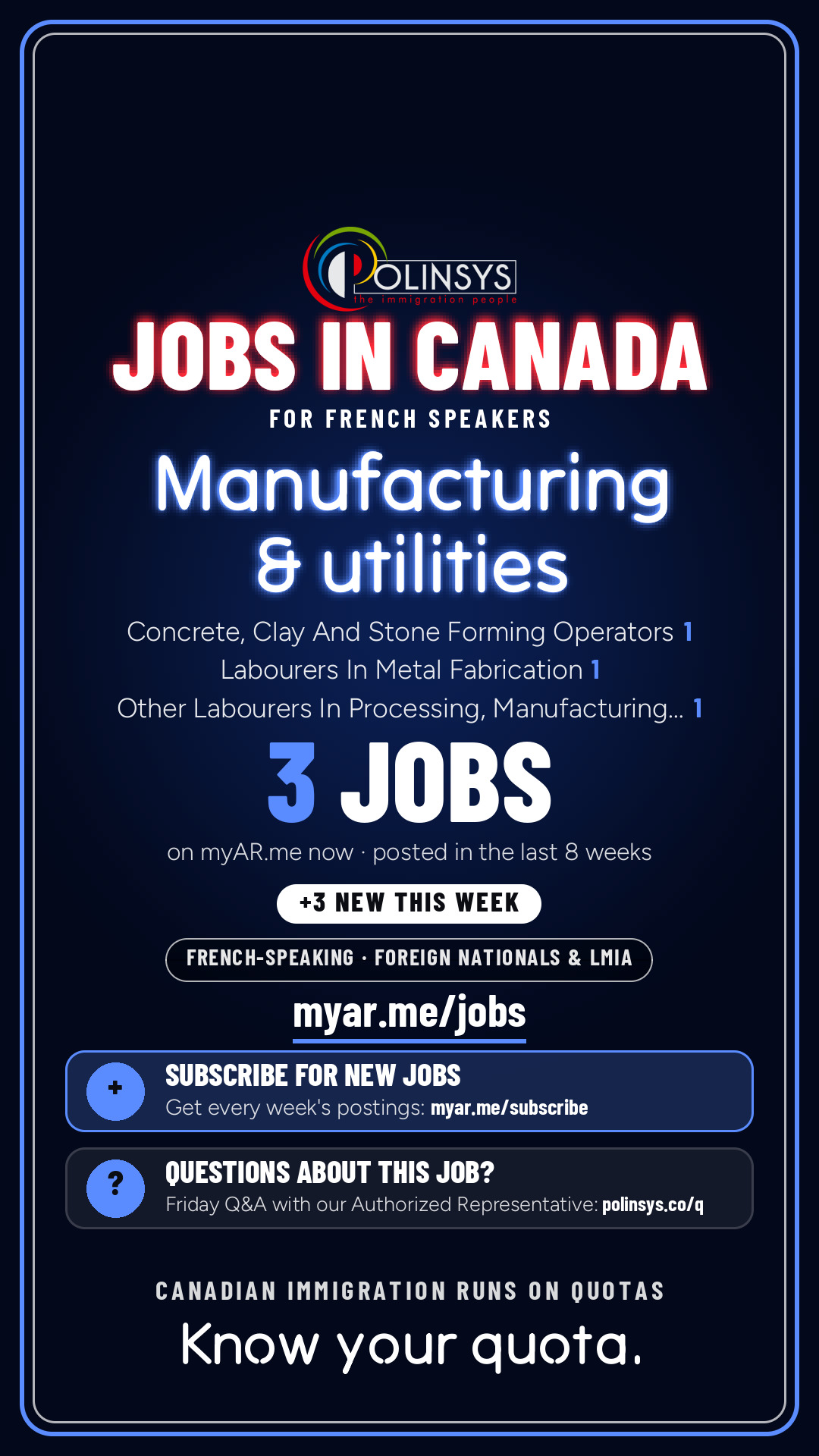 Job card: Manufacturing & utilities (French-speaking jobs) — 3 jobs on myAR.me